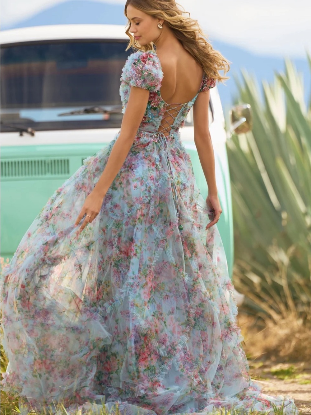 Sherri Hill 55560 Light Blue Floral Puff-Sleeve Tulle Gown - Picture 3 of 12